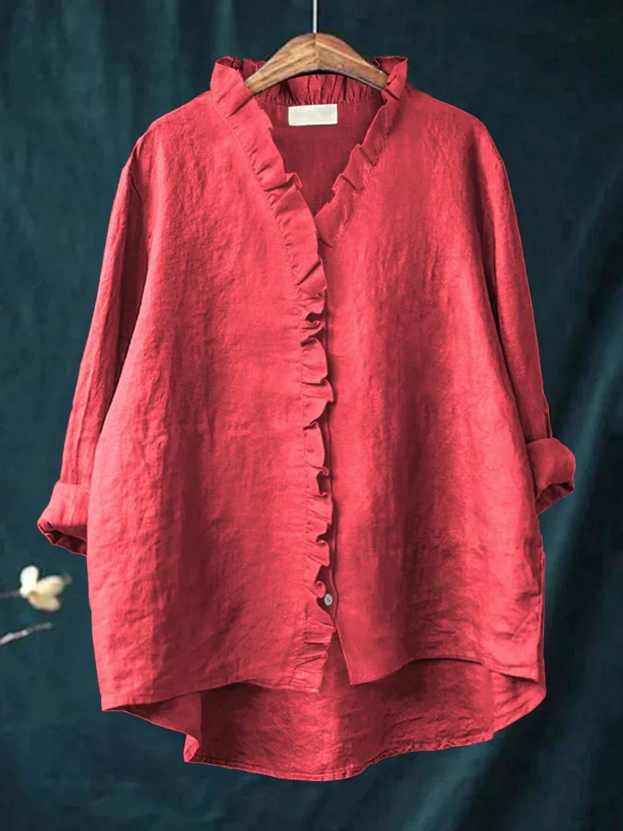 Women's linen casual shirt featuring ruffled details, made from soft breathable fabric perfect for everyday wear. 0